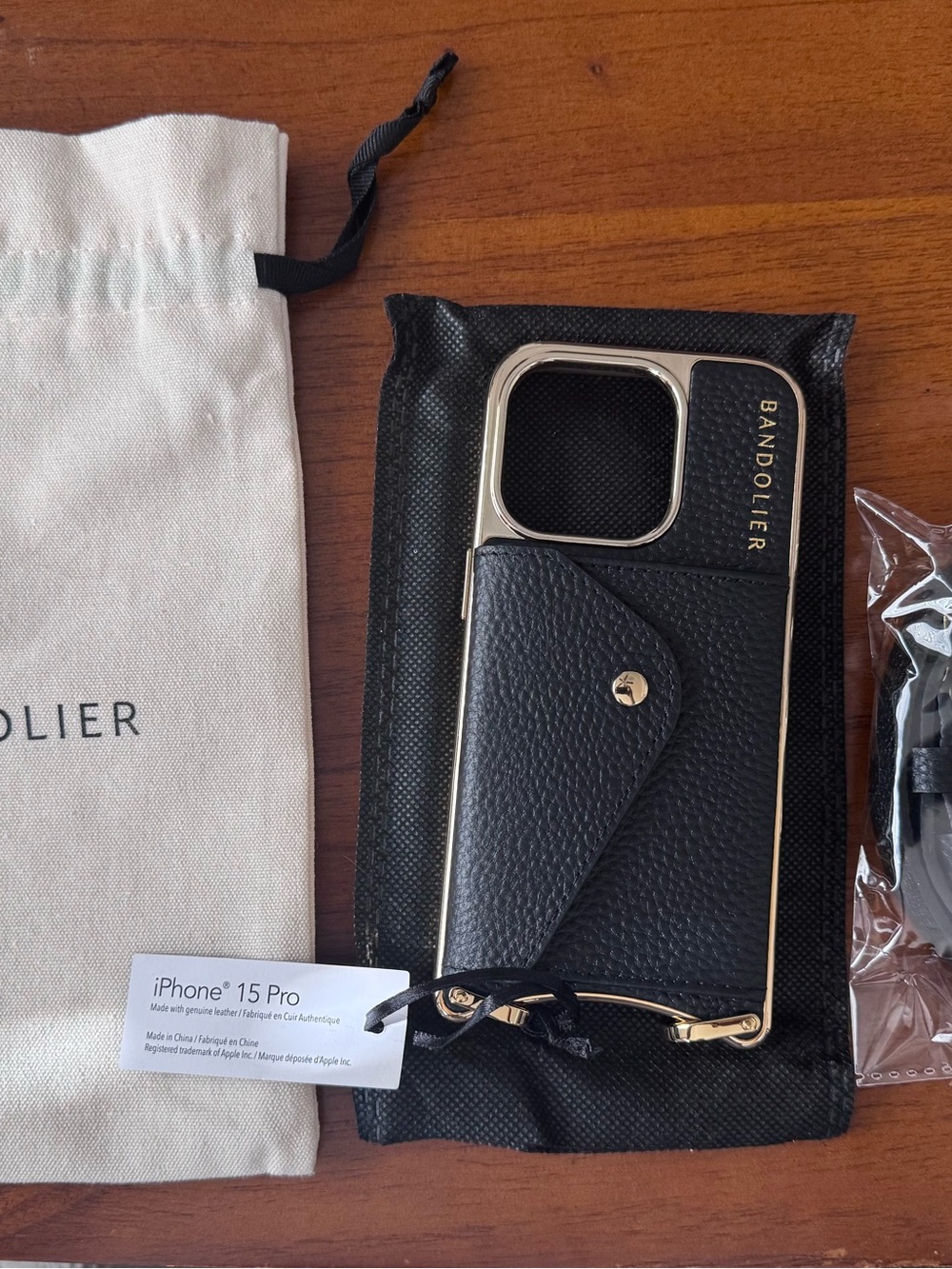 Bandolier Black & Gold Leather Card Case with Strap for iPhone 15 Pro